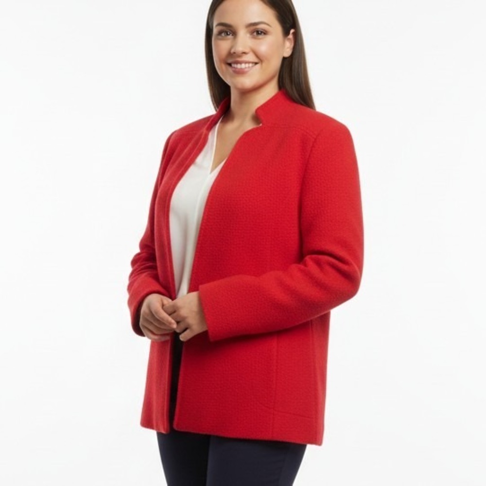 Vibrant‎ Red Boiled Wool Blend Open Front A-Line Blazer Stand Collar SKUW193